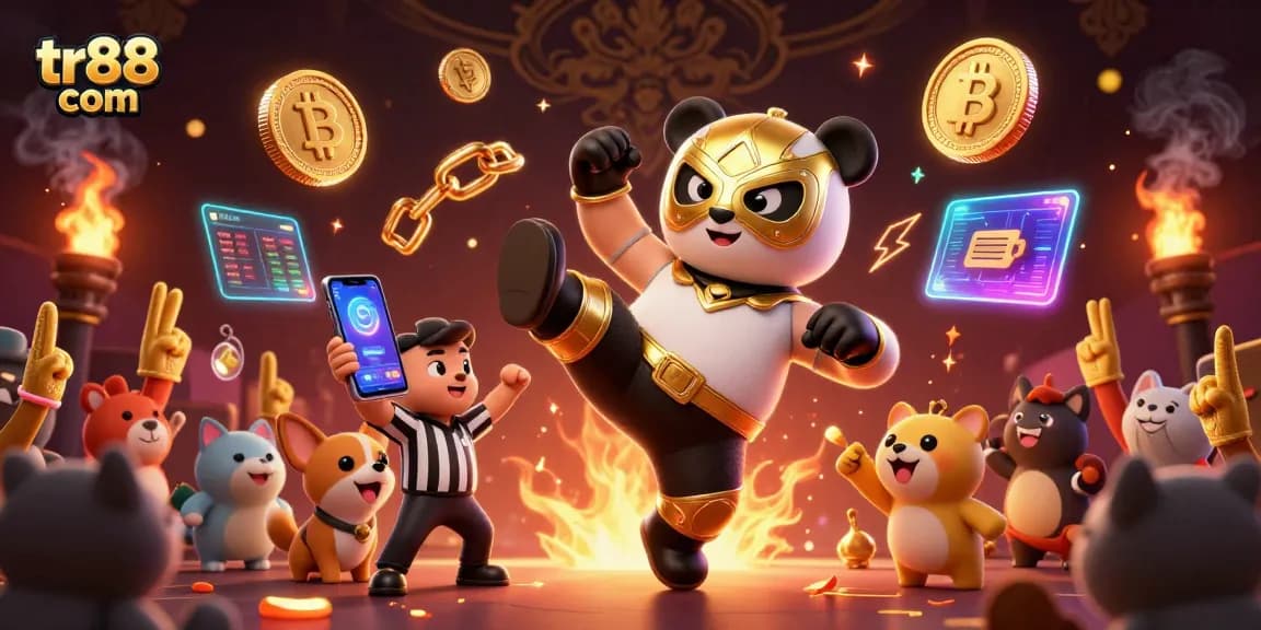 Experience the thrilling action at tr88 com with a vibrant scene featuring dynamic characters and crypto elements in a 3D casino setting.