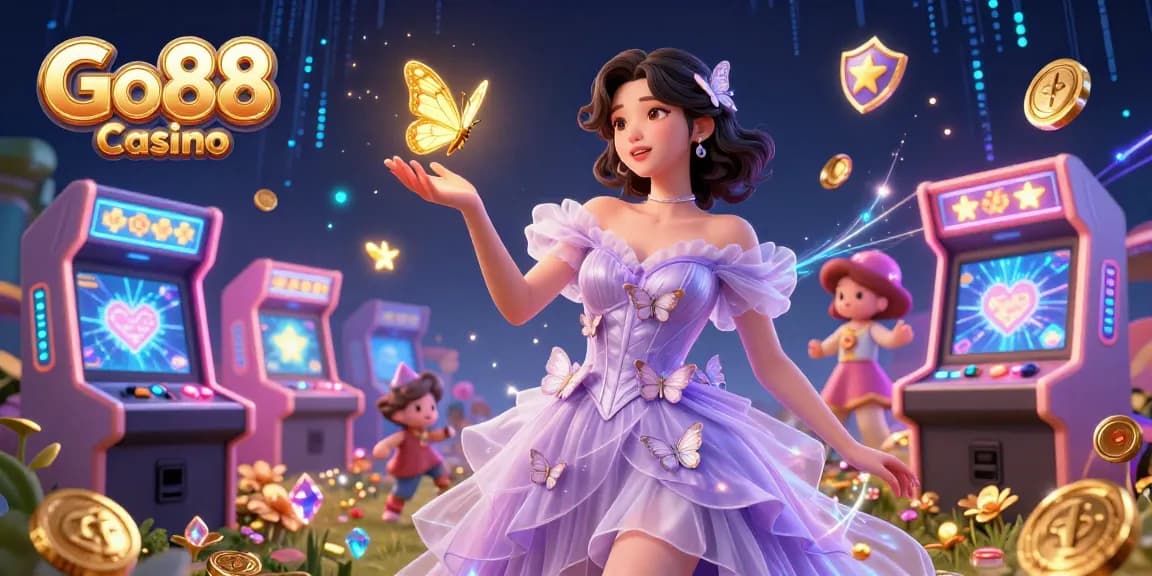 Engage with Go88 Casino's vibrant 3D illustration showcasing arcade gaming elements and a magical atmosphere.