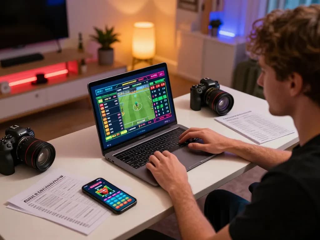 Player engaging with O8 FOREX sports betting on laptop in a cozy gaming setup