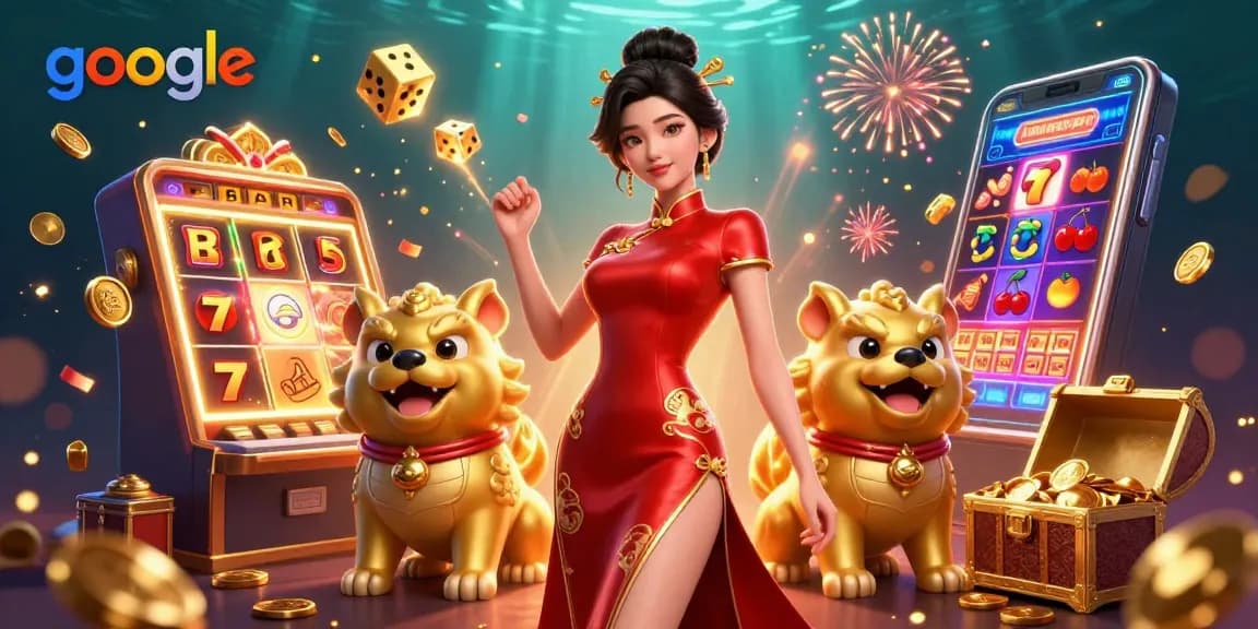 Erleben Sie aufregenden Casino-Spaß bei Google mit einer glamourösen asiatischen Frau zwischen lebhaften Spielelementen.
