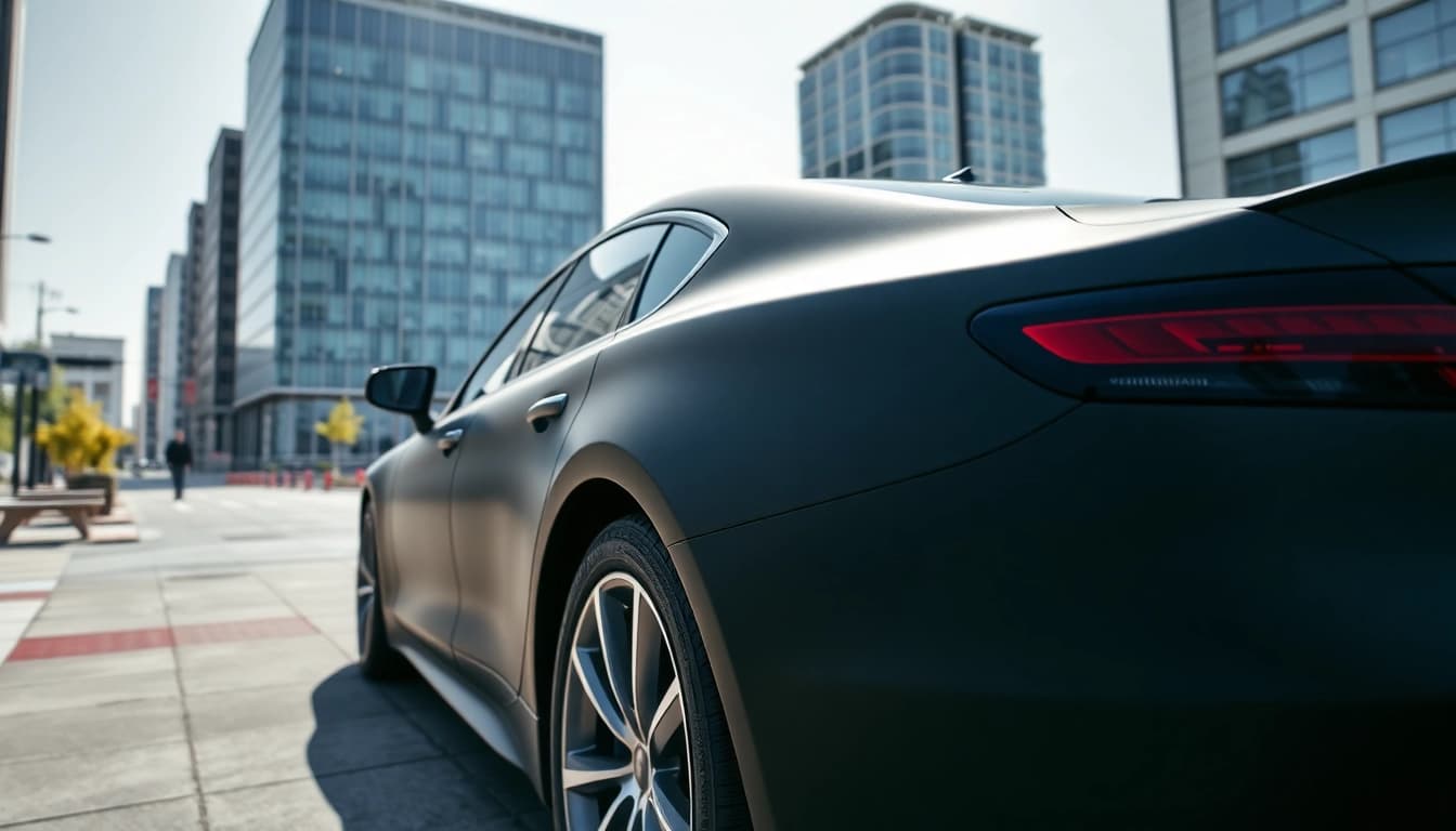 Die matte schwarze Folierung des Fahrzeugs betont seine Eleganz und Modernität in einer urbanen Umgebung.