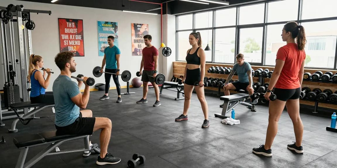 Fitness-Community im Selliza Shop bei intensivem Training in modernem Fitnessstudio.