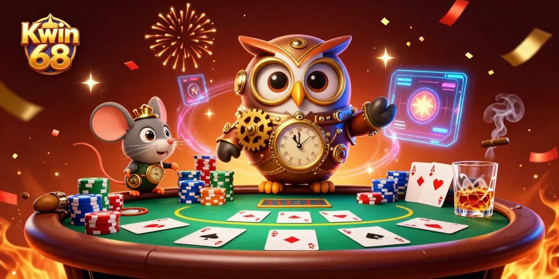 Kwin 68 reveals a vibrant casino scene with a time-traveler owl and poker chips, featuring ace cards and immersive decorations.