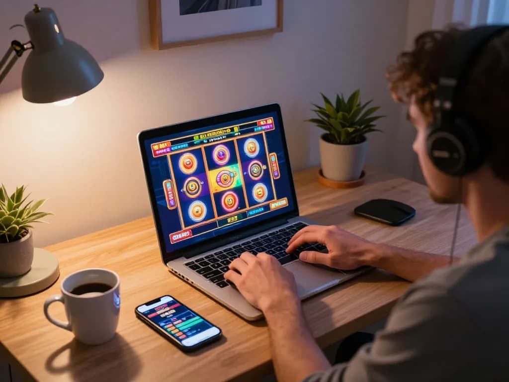 Player engaging with 11win online slots on laptop, showcasing focus and excitement in home environment