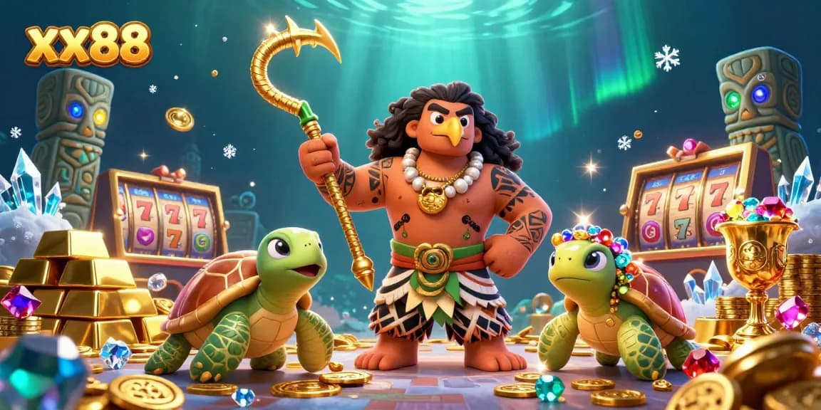 Experience thrilling adventures with xx88 as the demigod and turtle explore a treasure-filled casino.