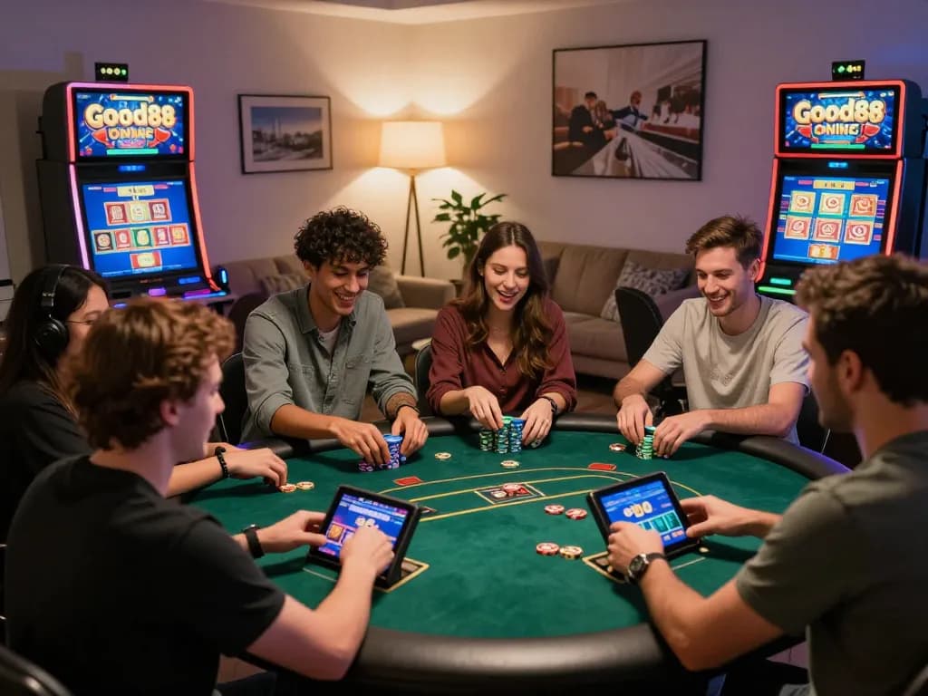 Players enjoying their online gaming experience at Good88 with vibrant slot graphics and cozy atmosphere.