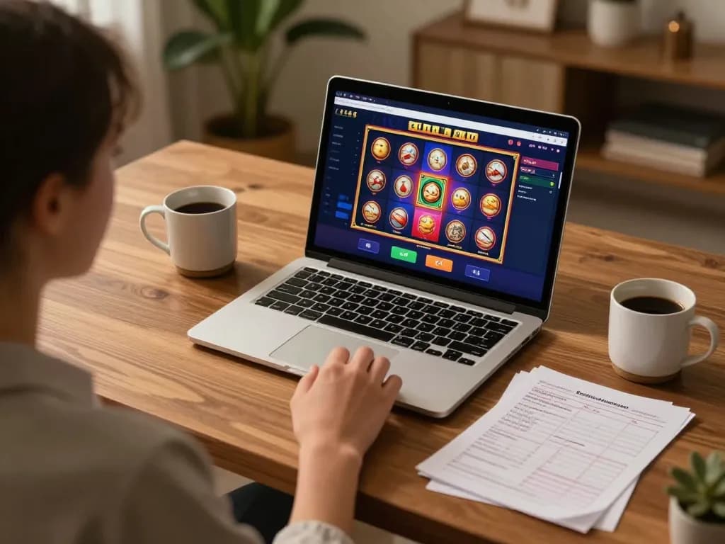 Experience online gaming at https://f8bet.dental/ with engaging slot games on laptop, strategic notes present.