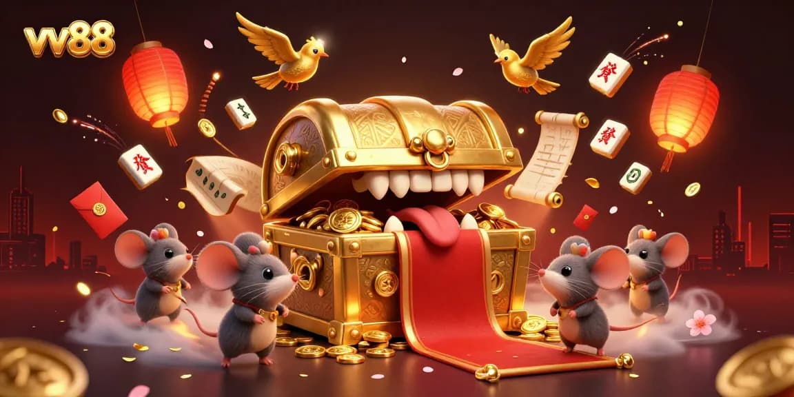 Experience thrilling gaming at vv88 with a vibrant 3D treasure chest and dynamic casino elements.