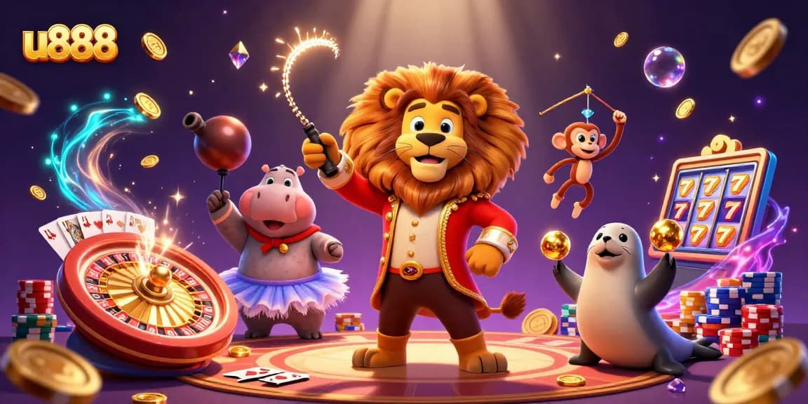 Experience the thrill at u888 with a vibrant 3D circus-themed casino illustration showcasing excitement and fun.