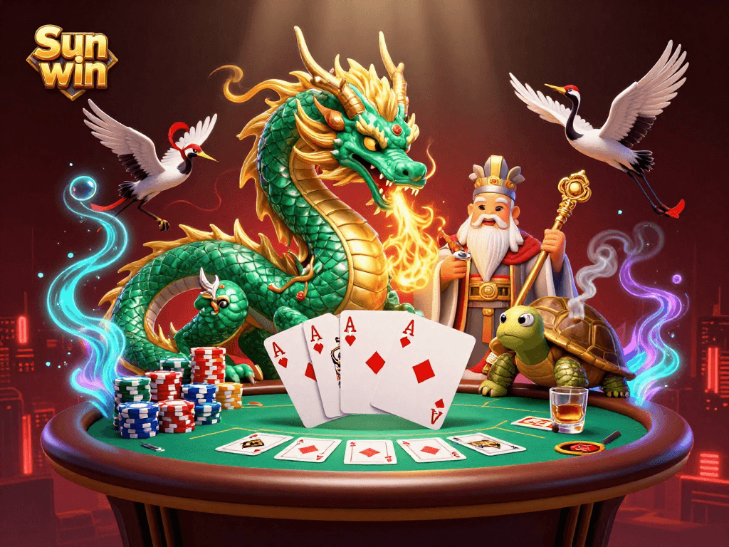 Experience the thrill of Sun win with vibrant casino action, showcasing a jade dragon and poker elements.