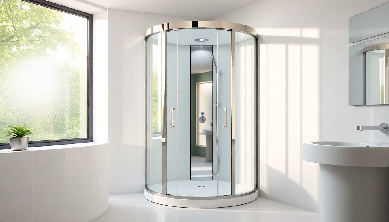 Duschkabine 90x90 in modernem Badezimmer mit eleganten Details und natürlichem Licht.