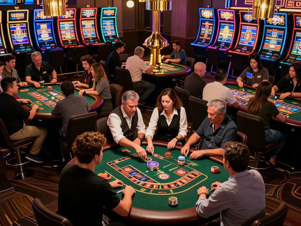 Experience vibrant action at SC88 VN casino floor with engaging players around roulette and poker tables.