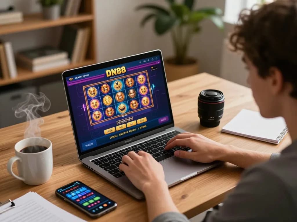 Players enjoying DN88 online gaming experience with colorful slots and live dealer games in cozy home setting.