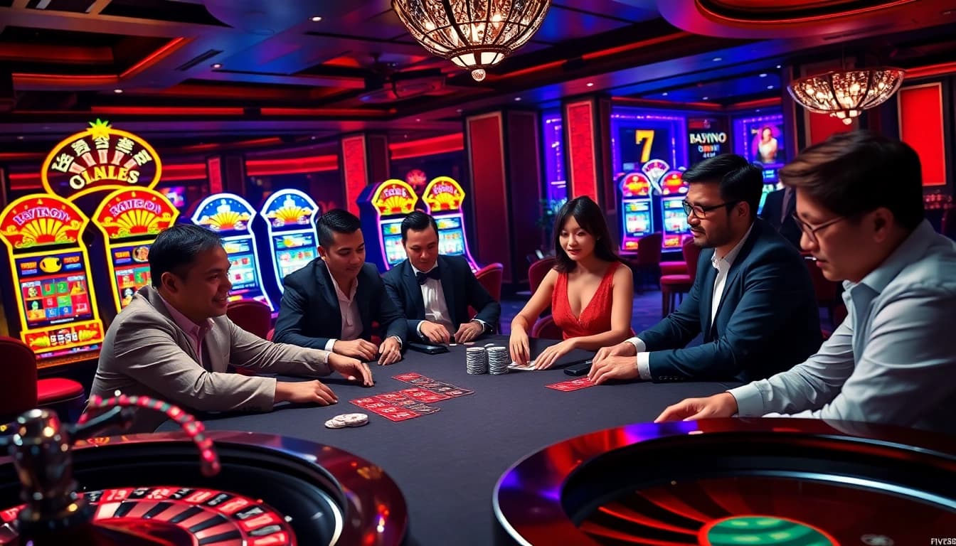 Exciting casino scene featuring players at nhà cái five88 poker table with vibrant slot machines in background.