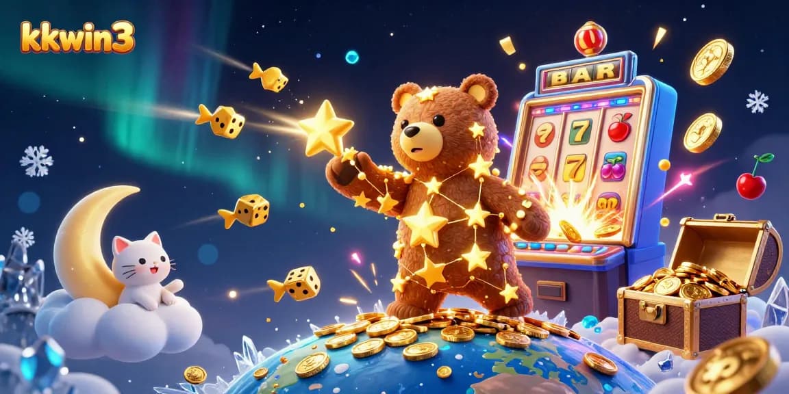 kkwin3 offers thrilling online gaming experiences with a constellation bear scooping up coins, surrounded by vibrant casino elements.