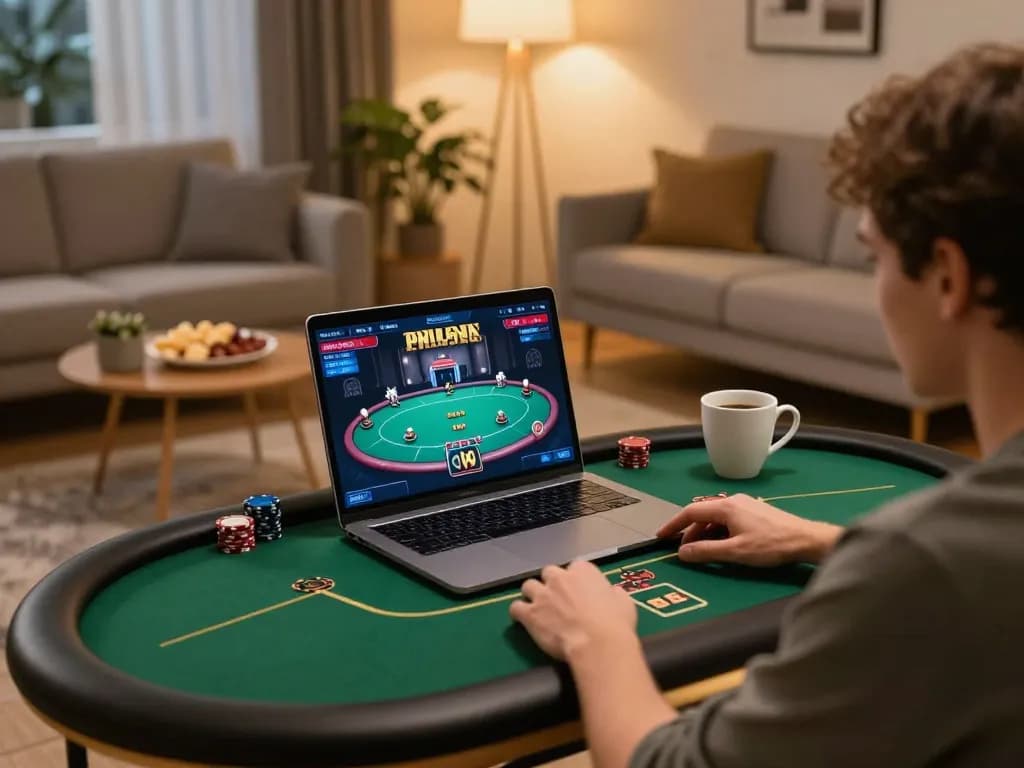 Player enjoying online gaming experience on dw8 platform, showcasing cozy home setup with laptop and snacks.