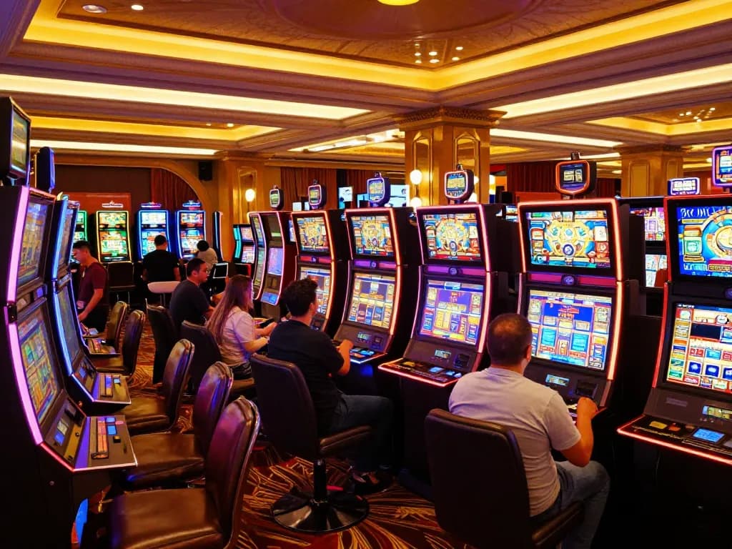 Engaging players at the vibrant 92slot casino, surrounded by colorful slot machines lighting up the room.