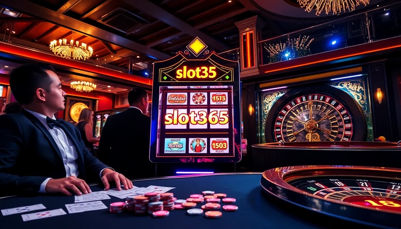 Players engaging with slot365 in an upscale casino setting, enjoying the thrill of gaming.