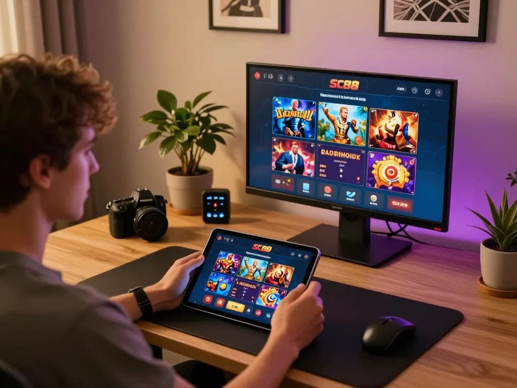 Engaging with sc88 casino app at home, showcasing responsible gaming setup.