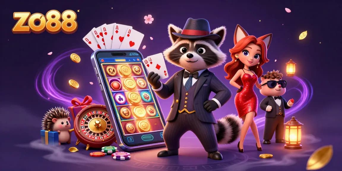 Experience thrilling gaming at zo88 with a raccoon in a pinstripe suit and a charming fox at a casino scene.