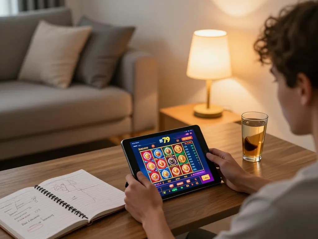 Engaged player on fun79 app in a cozy home setup illustrates strategic online gambling.