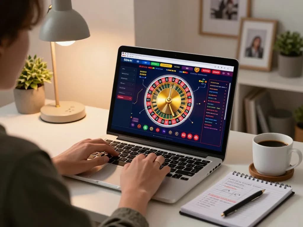 Engaged user playing roulette at 88bet casino on a laptop in a cozy home environment.