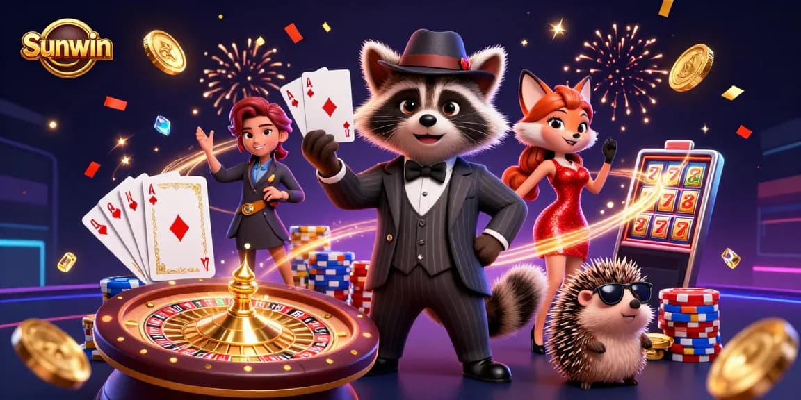 Play exciting games at Sunwin, showcasing a raccoon in a suit and a fox in sequins amidst golden coins.