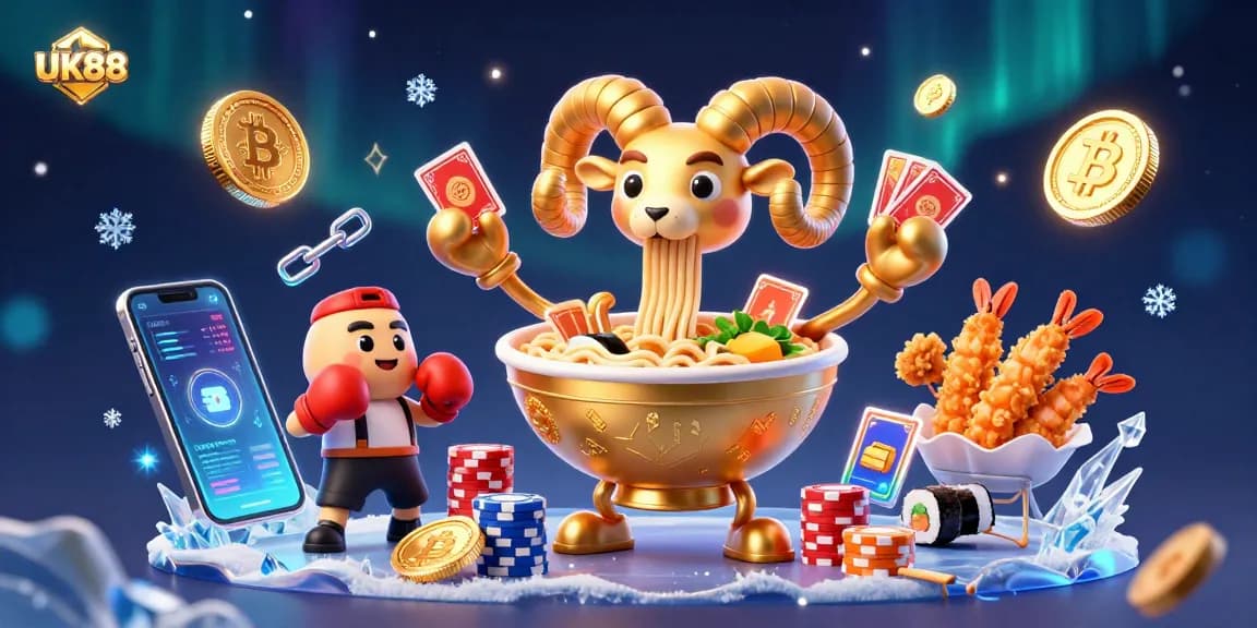 Engage with UK88 through vibrant 3D casino characters and crypto elements showcasing exciting gameplay.