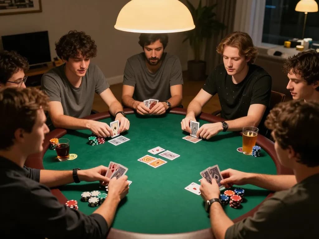 Friends engaging in a thrilling poker game at home, showcasing strategies with ALO8 brand products.