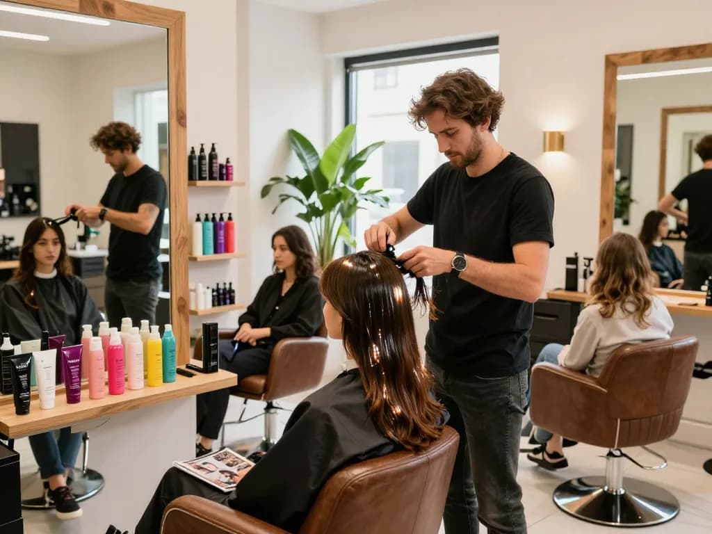 Friseur stylt Haare in einem hellen, modernen Salon mit bunten Produkten.