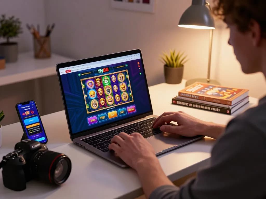 Player engaging with fly88 online casino games on a laptop, showcasing an immersive gaming environment