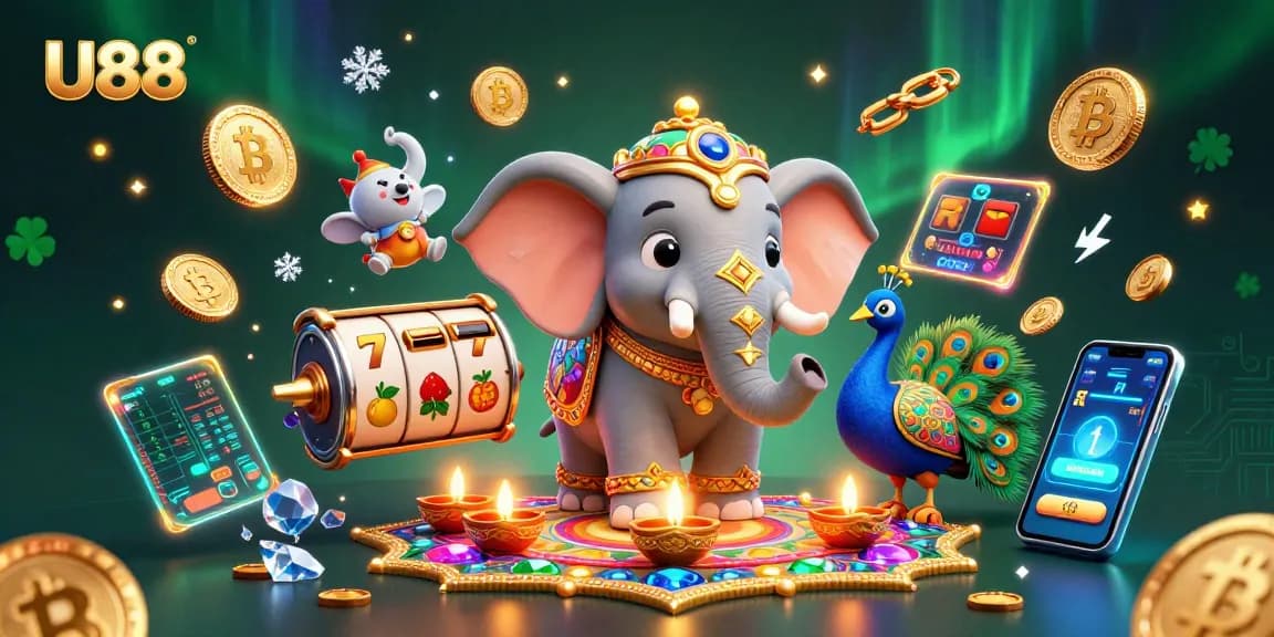 Experience the thrilling U88 slots with a vibrant 3D elephant and festive elements, showcasing rich gambling excitement.