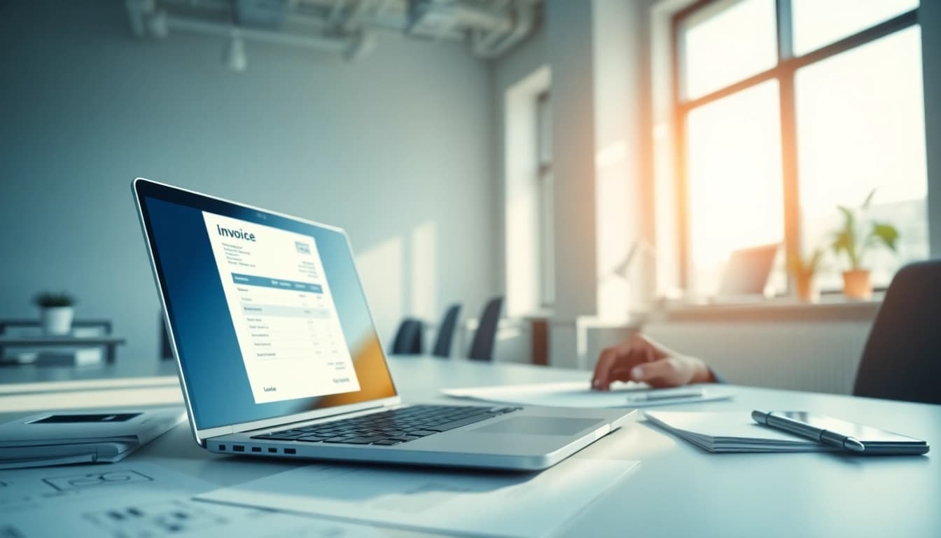 Rechnung an einen kleinunternehmer erstellen mit professionellem Geschäftsmann am Laptop.
