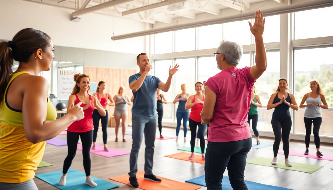 Fitness und Ernährung: Gruppe von Menschen bei einer motivierenden Fitnessübung in einem modernen Gym.