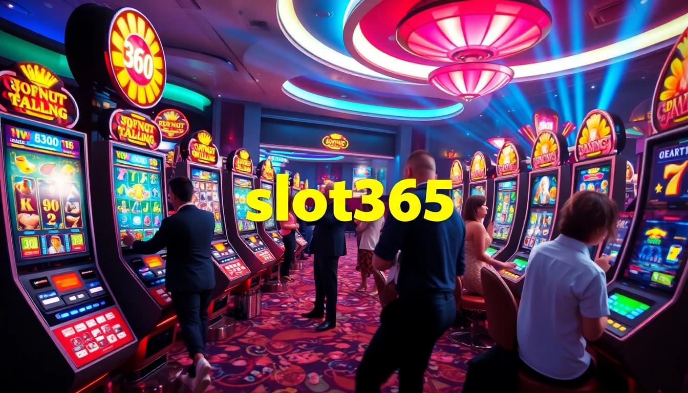 Experience the excitement of slot365 with players engaging intensely at vibrant slot machines.