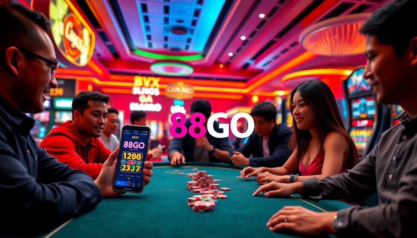 88GO casino players enjoying thrilling online gaming experiences with vibrant slot machines and sports betting.
