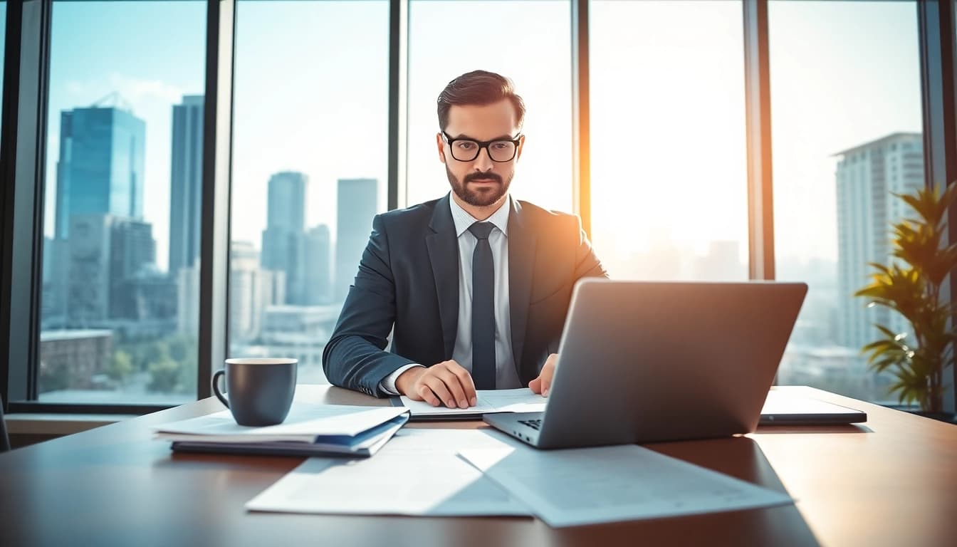 Headhunter Schweiz mit Laptop und Lebensläufen in modernem Büro, entspannt und engagiert.