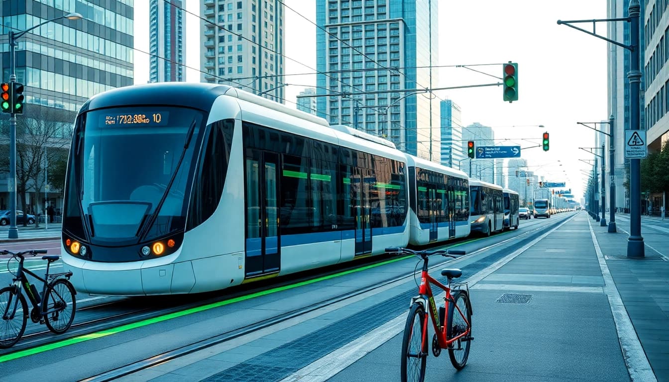 Verkehrstechnologie in einer modernen städtischen Infrastruktur mit innovativen Transportmitteln.