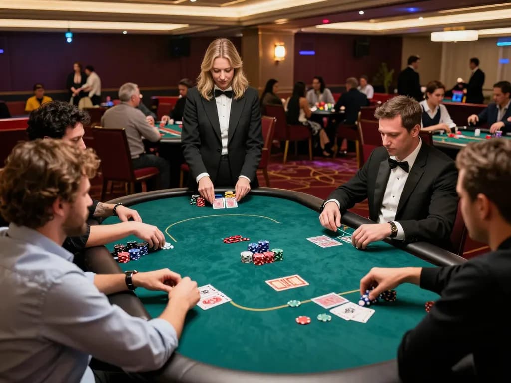 Players engaged in strategic gameplay during a Plagiat Scan poker game in a vibrant casino.