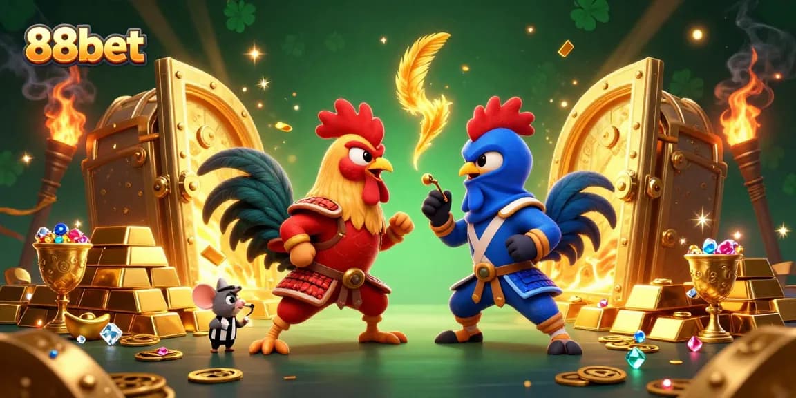 Engage with thrilling action at 88bet with dynamic roosters in a gold-filled casino scene.