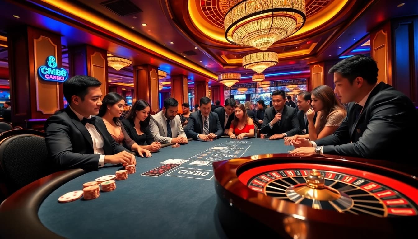 Engaging poker players at Nhà Cái CM88 casino, showcasing excitement and luxury in a vibrant environment.