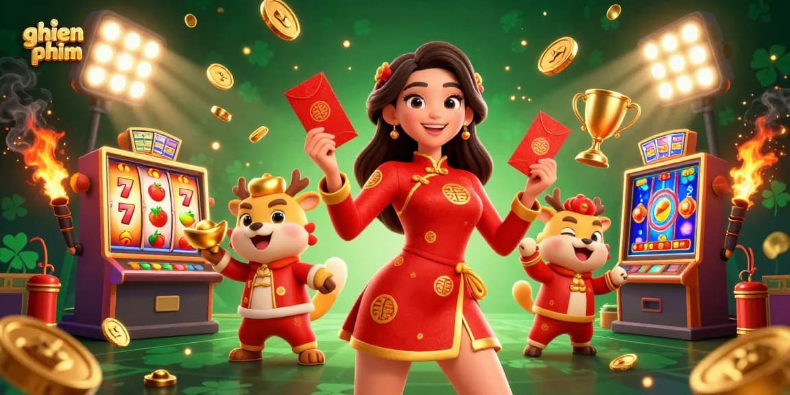 Win big with ghien phim: dynamic 3D scene featuring an Asian woman with lucky charms and casino elements.