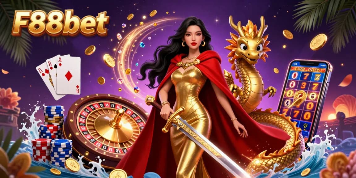 Experience thrilling gaming dynamics at F88bet with a stunning warrior queen amid treasures and roulette action.