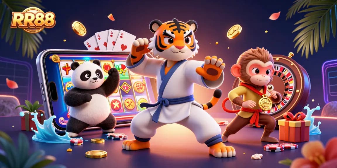 Engage with RR88's thrilling slot games, illustrated by a kung fu tiger mastering casino strategies.
