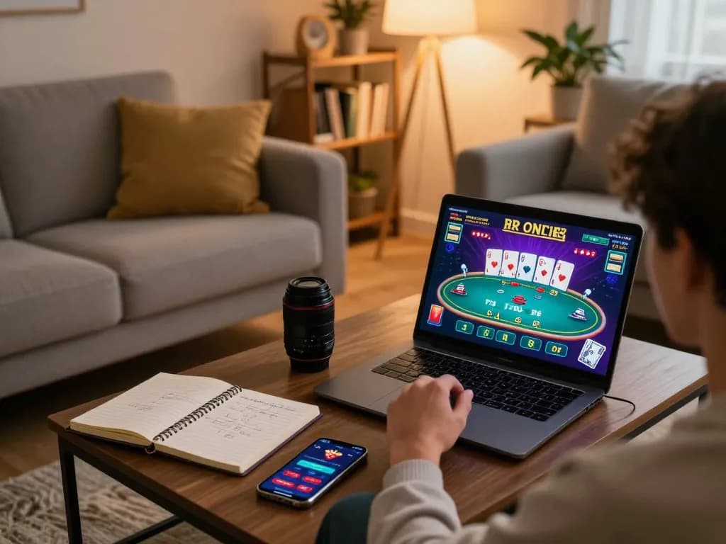 Engaged in online gambling, a player enjoys a game at nhà cái uy tín OK8386 on a cozy sofa.