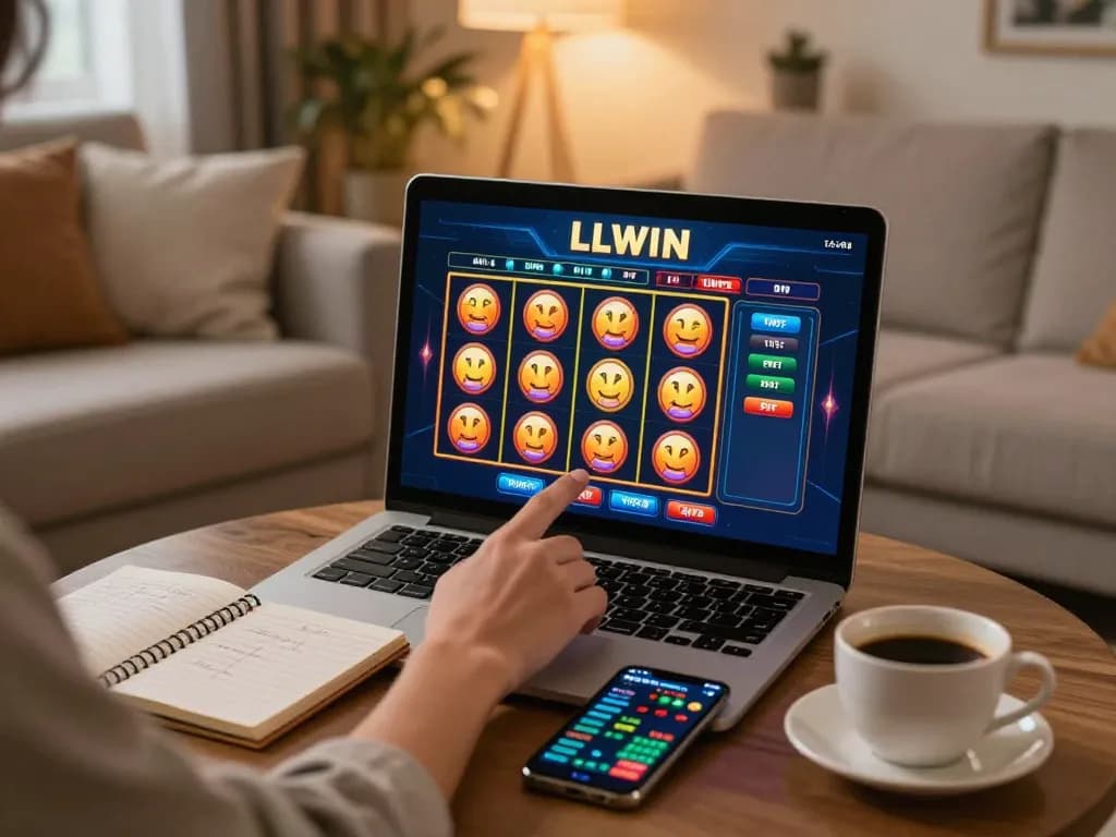 Engaging in LLWIN online casino gameplay from home, featuring vibrant slot game display and strategy notes.