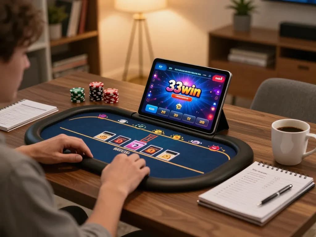 Engaging gameplay of game 33win on tablet, showcasing strategic poker decisions and cozy home atmosphere