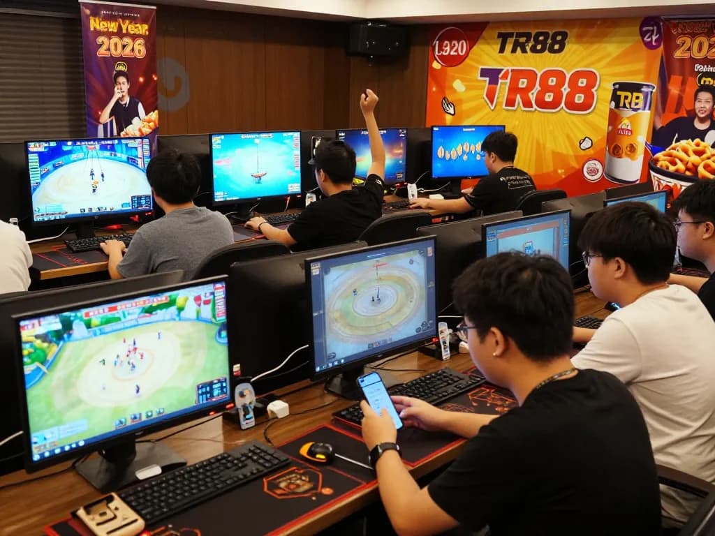 Exciting gaming action at TR88, featuring players immersed in online cockfighting and fish shooting games.