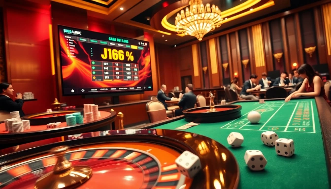 Players enjoying a thrilling BJ66 online casino experience showcasing poker tables and vibrant gaming action.