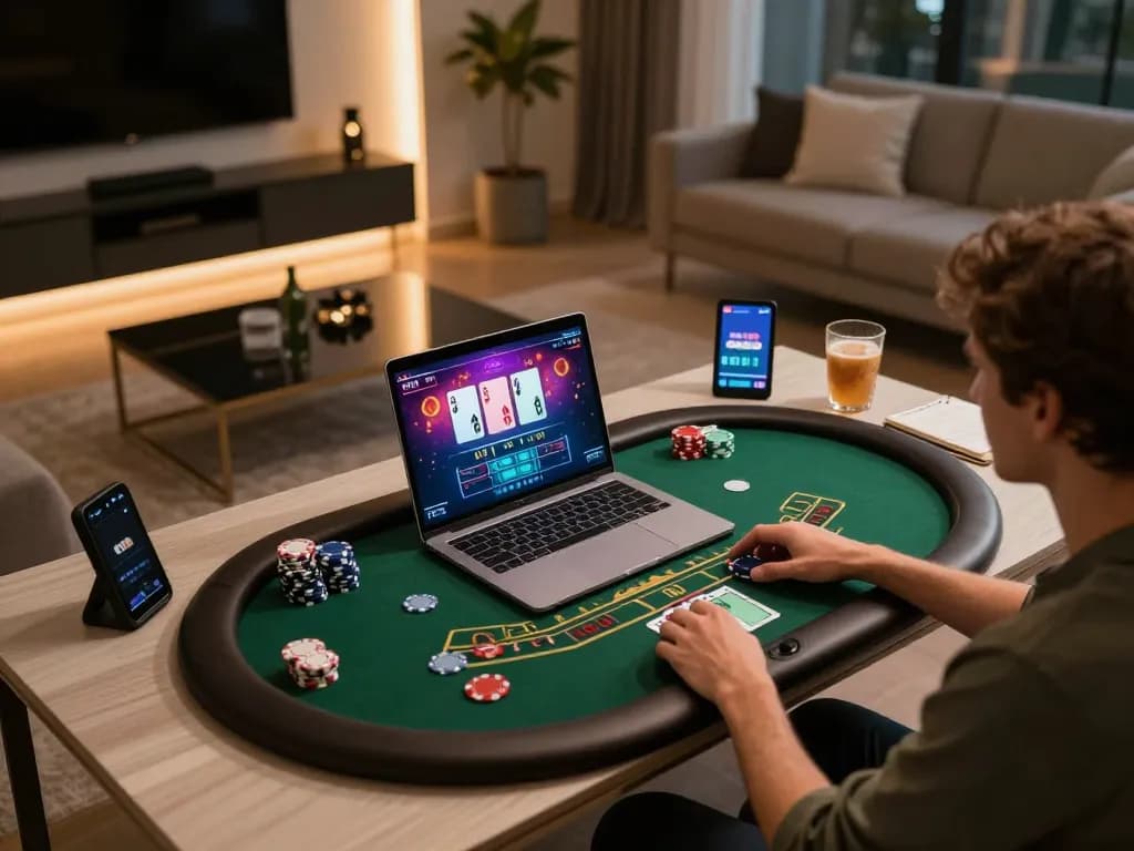 Player engaged in baccarat on laptop at home, showcasing Nhà cái uy tín F168 experience with stylish setup